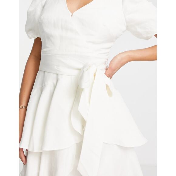 Ever New White Linen Puff Sleeve Tiered Mini Dress Size 4 Tie Waist Romantic - Picture 2 of 11